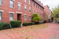 Row of bick apartment bulidings along a sidewalk in autumn