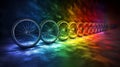 A row of bicycle wheels with different colored spokes in a rainbow pattern, AI