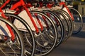 Row of bicycle wheels, headlights Royalty Free Stock Photo