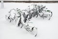 Row of bicycles covered with snow Royalty Free Stock Photo