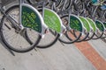 Go Green Bicycles all in a row in bike rack