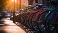 A row of bicycles parked in a city street generated by AI Royalty Free Stock Photo