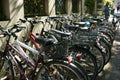 Row of bikes parked sidewalk town in Germany