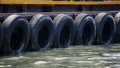 Row of black car tires used as boat bumpers at pier. Royalty Free Stock Photo