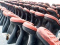 Row of black fireman boots uniforms ready for usage. Royalty Free Stock Photo