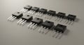 A row of black, rectangular semiconductor components, likely transistors or power Royalty Free Stock Photo