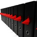 Row of Black Ring Binders with Red Triangular Tabs on White Background lever arch files folders Royalty Free Stock Photo