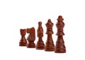Row of black wooden chess pieces. Team Hierarchy With Defocused Background. Isolated On White Background