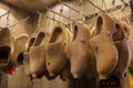 Row of blank new wooden Dutch clogs,Marken, The Netherlands