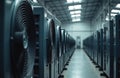 Row of blue air conditioning units in warehouse. Cooling system infrastructure tech for ventilation, storage facility, machinery, Royalty Free Stock Photo