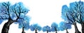 row of blue fantasy trees in wide angle, hand drawn illustration