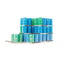 Row of blue and green barrels arranged in a vertical stack against a white background, 3D rendered Royalty Free Stock Photo