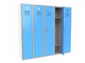 Row of blue metal gym lockers with one open door. 3d rendering illustration