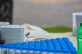 A row of blue mineral water bottle caps Royalty Free Stock Photo