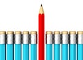 Row of Blue Pencils With One Selected Red on White