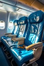 Row of blue seats in airplane with window. Generative AI Royalty Free Stock Photo
