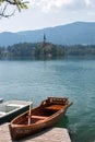 Row boat on Bled Lake and Bled Island