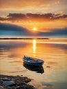 A row boat in a sheltered bay at sunrise. AI generated