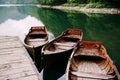 Row of boats on the lake in the Biogradska Gora park. Montenegro Royalty Free Stock Photo