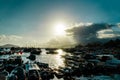 Row of boats moored in the harbor at sunset Royalty Free Stock Photo