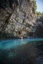 Row boats used to conduct tours inside the Melissani Lake Cave Kefalonia