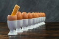 Row of Boiled Eggs in Egg Cups on a Table Royalty Free Stock Photo