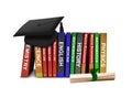 Row Books and Mortarboard with Scroll Royalty Free Stock Photo
