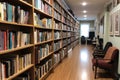 row of bookshelves with diverse collection of fiction and nonfiction books