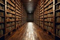 Row Of Bookshelves Filled With Books, Gradually Diminishing In Size, Illustrating Linear Perspective. Generative AI Royalty Free Stock Photo