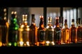 A row of bottles of alcoholic drinks on a bar counter in blur. Generative AI Royalty Free Stock Photo