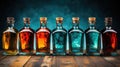 A row of bottles with different colored liquids in them. Generative AI image. Royalty Free Stock Photo