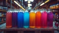 A row of bottles filled with different colored liquids on a shelf, AI Royalty Free Stock Photo