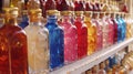 A row of bottles filled with different colored liquids on a shelf, AI Royalty Free Stock Photo