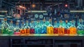 Row of Bottles Filled With Liquid on Table