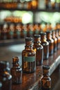 A row of bottles with labels on them are lined up, AI Royalty Free Stock Photo