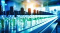 Row of Bottles on Shelf in Pharmacology Industry. Bottles with medicines on the conveyor. Selective focus. Close-up