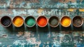 Row of bowls filled with various colored powders for artistic or culinary use generative ai Royalty Free Stock Photo