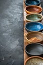 A row of bowls lined up on a wooden tray, AI