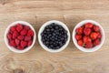 Row of bowls with raspberries, blueberries and strawberries on t Royalty Free Stock Photo