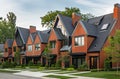 Row of brick condos or townhouses with bay windows beside street. Royalty Free Stock Photo