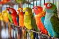 A row of brightly colored parrots, displaying an array of feathers, fills a beautifully crafted cage in an indoor