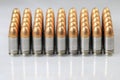 row of bullets 9mm parabellum FMJ (Full Metal Jacket ) Royalty Free Stock Photo