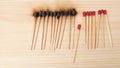 Row of burning matches and all matches on white background Royalty Free Stock Photo