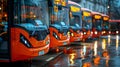 a row of buses sitting on top of a sidewalk near a bus stop Royalty Free Stock Photo