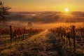 Row of bushes with green leaves on grape plantation against hill in autumn Royalty Free Stock Photo