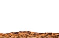 Row of camels, dune desert and white sky for text