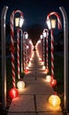 A Row Of Candy Canes With Lights On Them. Generative AI Royalty Free Stock Photo