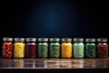 row of canned goods with focus on their unique textures Royalty Free Stock Photo