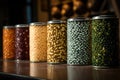 row of canned goods with focus on their unique textures Royalty Free Stock Photo