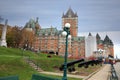 A row of canons in front of historic Chateau Frontenac in Quebec City, Canada.